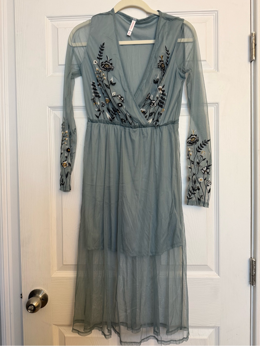 Sheer Embroidered V-Neck Maxi Dress In Sage